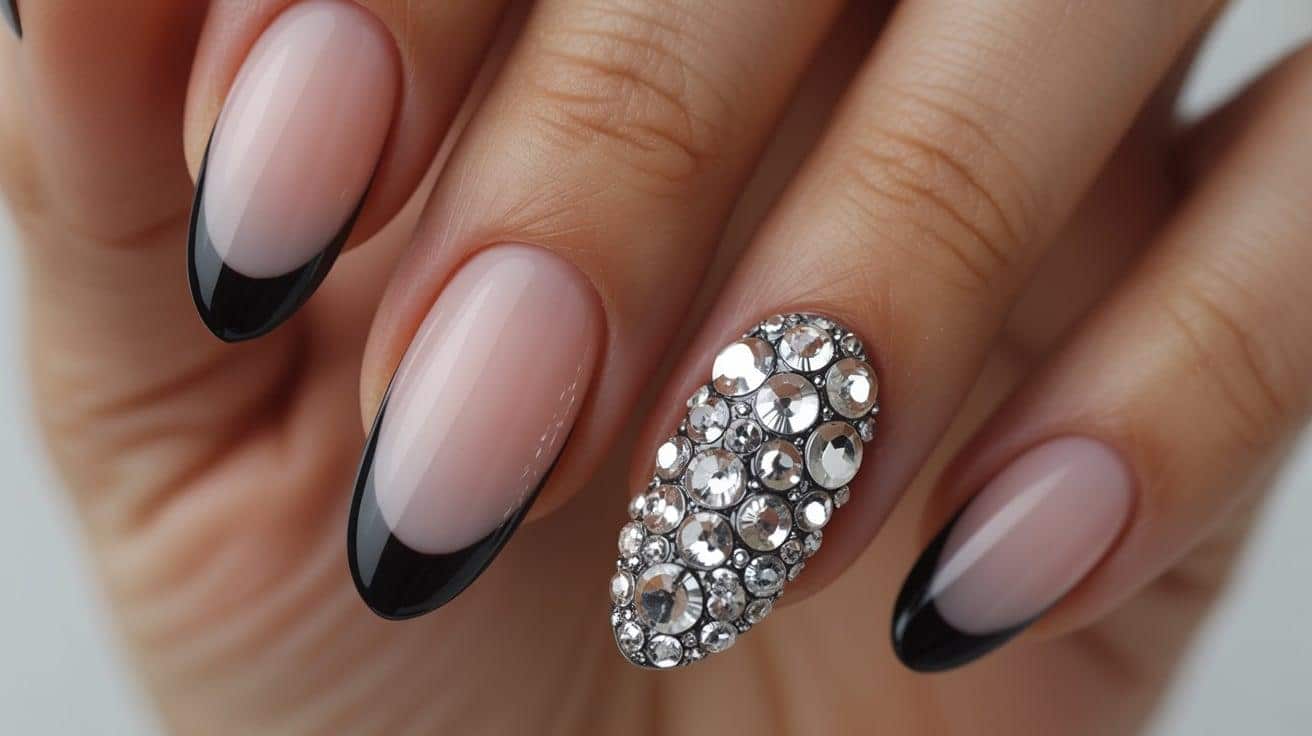 Black Tips with Crystal Cluster Accent Nail