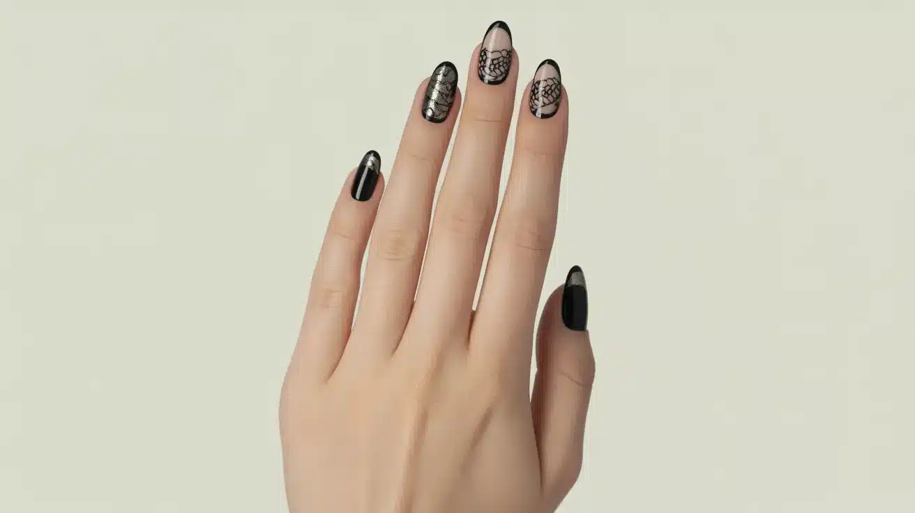 French Tips with Black Lace Stamping