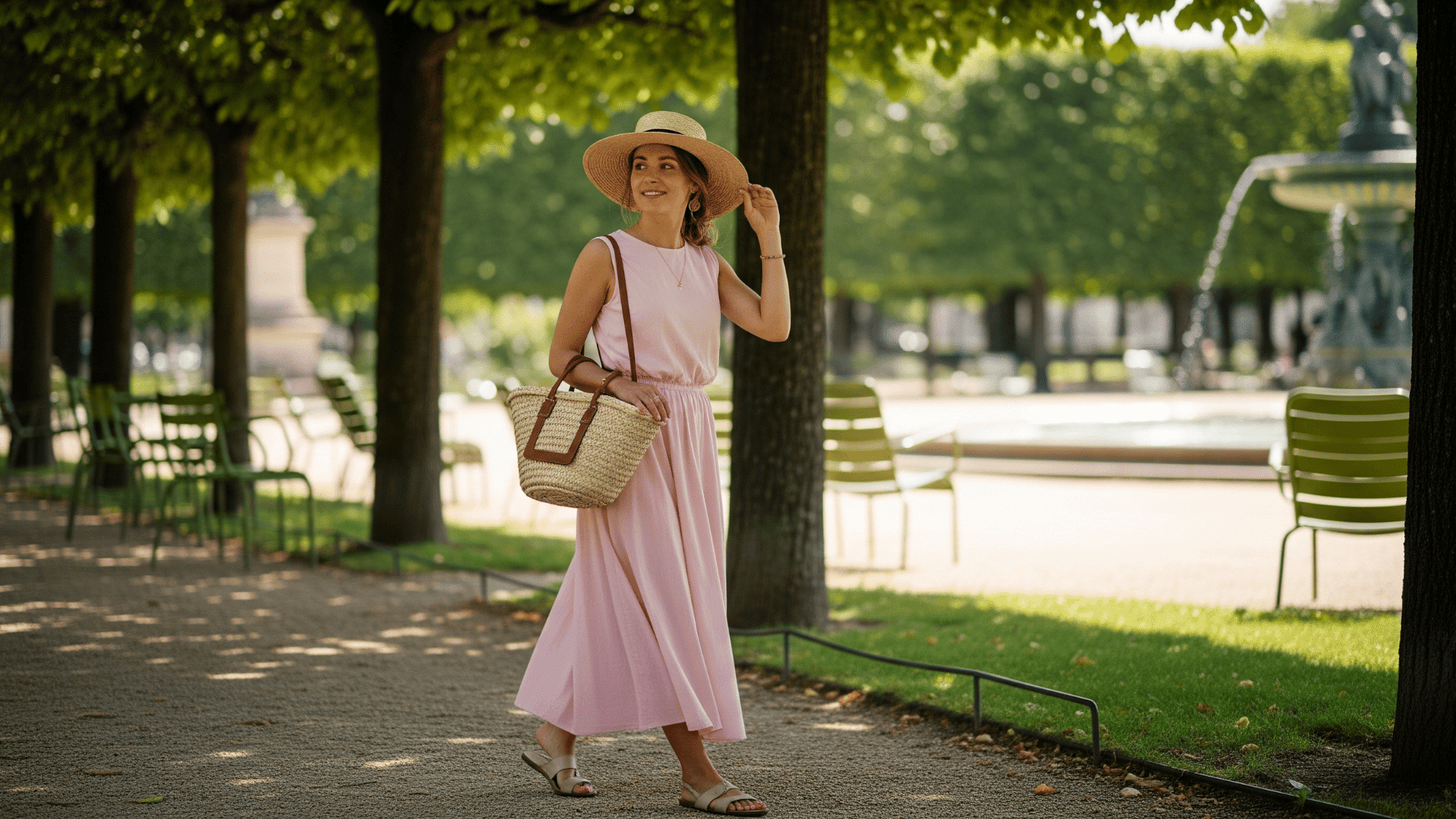 Sleeveless Midi Dress with Straw Accessories