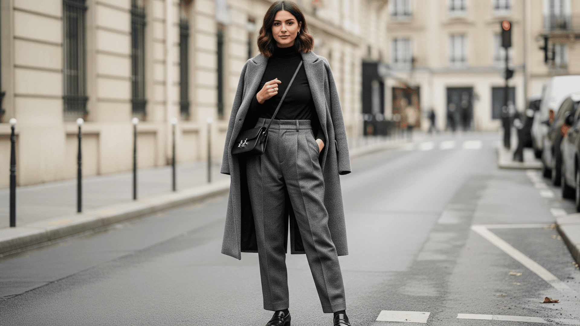 Turtleneck and High-Waist Trousers